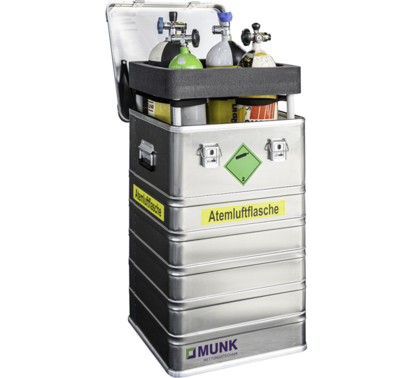 Transportbox Atemluftflasche Beklebt und Inhalt | © MUNK GmbH